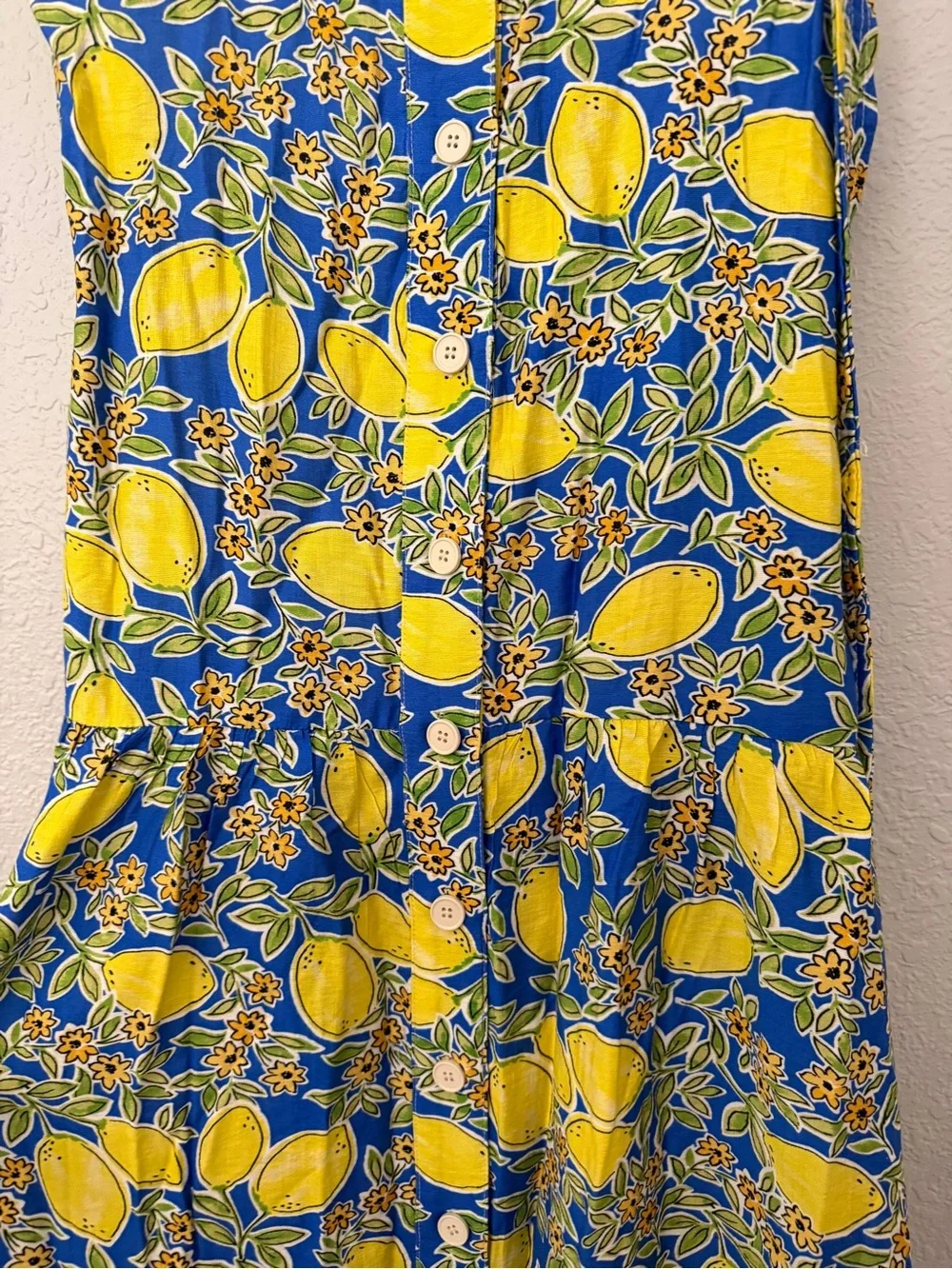 NWOT Yellow & Blue Lemon-Print Midi Dress with Tie Waist - Picture 14 of 16